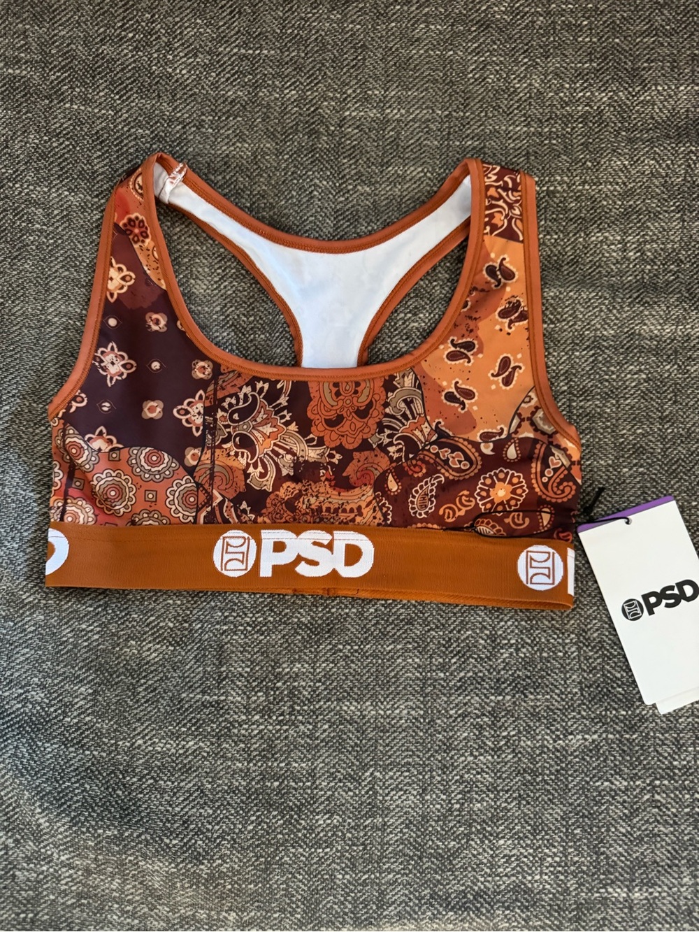 PSD Women’s Orange and Brown Paisley Sports Bra Top sz s